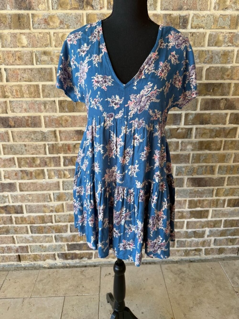BROWNIE floral tiered babydoll mini dress blue casual summer style v-neck s-m